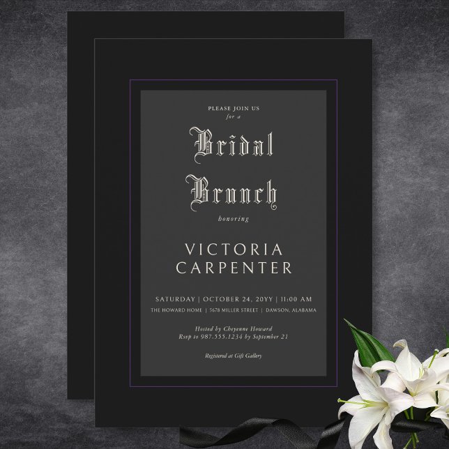 Invitation Sombre Gothique Minimal Noir & Violet Brunch nupti (Dark Gothic Minimal Black & Purple Bridal Brunch Invitation)