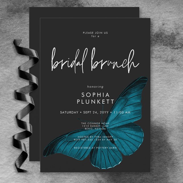 Invitation Sombre Moody Minimal Turquoise Moth Bridal Brunch (Dark Moody Minimal Teal Moth Bridal Brunch Invitation)