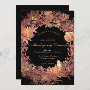 Invitation Sombre Noir Rustique Wreath Thanksgiving Dîner