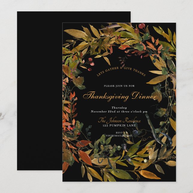 Invitation Sombre Noir Rustique Wreath Thanksgiving Diner Inv (Devant / Derrière)