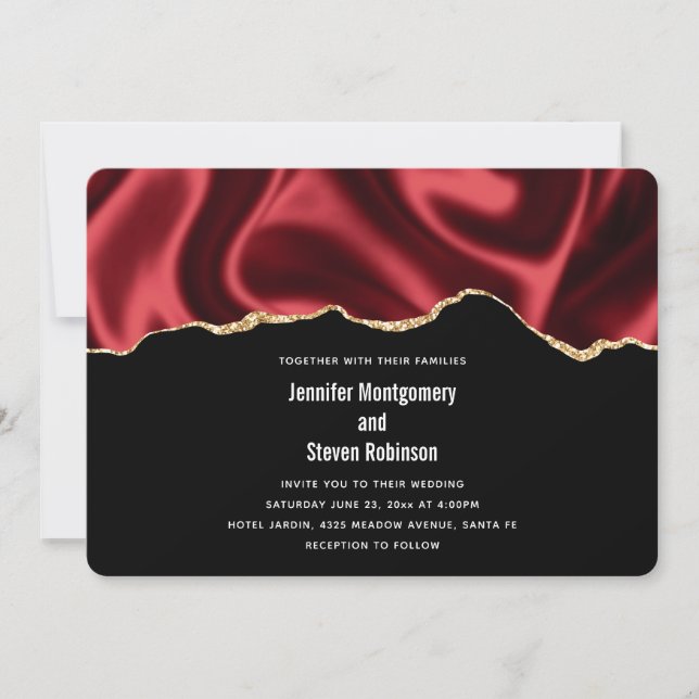 Invitation Sombre Rouge Glam Wavy Satin Résumé Mariage de con (Devant)