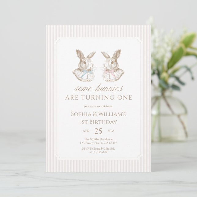 Invitation Some Bunnies Are Turning One siblings Birthday (Debout devant)