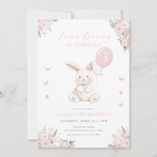 Invitation Some Bunny Floral Girl Pink Bunny Birthday (Devant)