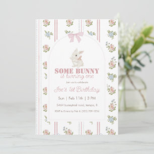 Invitation Some Bunny Floral Stripe 1er Anniversaire