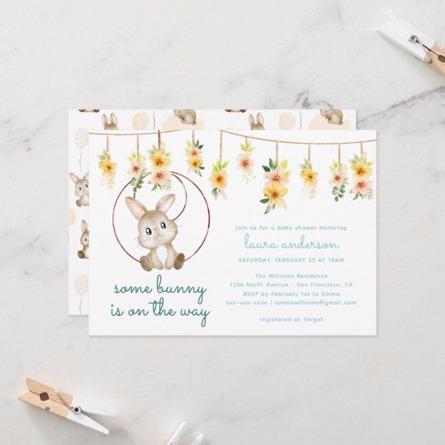 Invitation Some Bunny Is On The Way Boho Lapin Baby Shower (Devant/Arrière en situation)