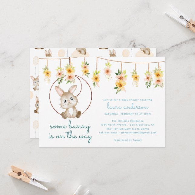 Invitation Some Bunny Is On The Way Boho Rabbit Baby Shower (Devant/Arrière en situation)