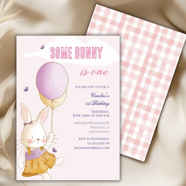 Invitation Some Bunny Is One Ballon Gingham 1er Anniversaire (Créateur téléchargé)