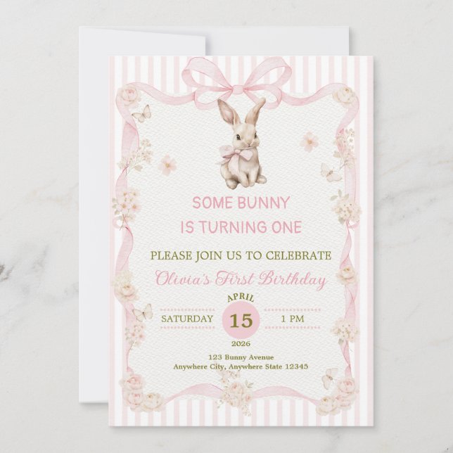 Invitation Some Bunny is One : Lapin au Ruban Rose pour un Pr (Devant)