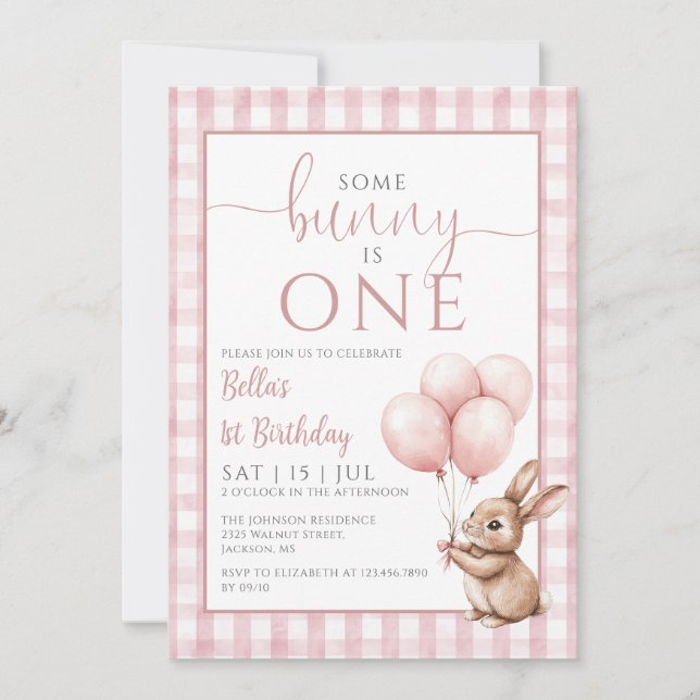 Invitation Some Bunny Is One Pink Balloons 1st Birthday Party (Devant)