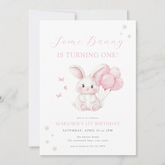Invitation Some Bunny Spring Girl Lapin Rose Premier Annivers (Devant)