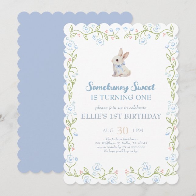 Invitation Somebunny Sweet Bunny 1st Birthday Spring Floral I (Devant / Derrière)