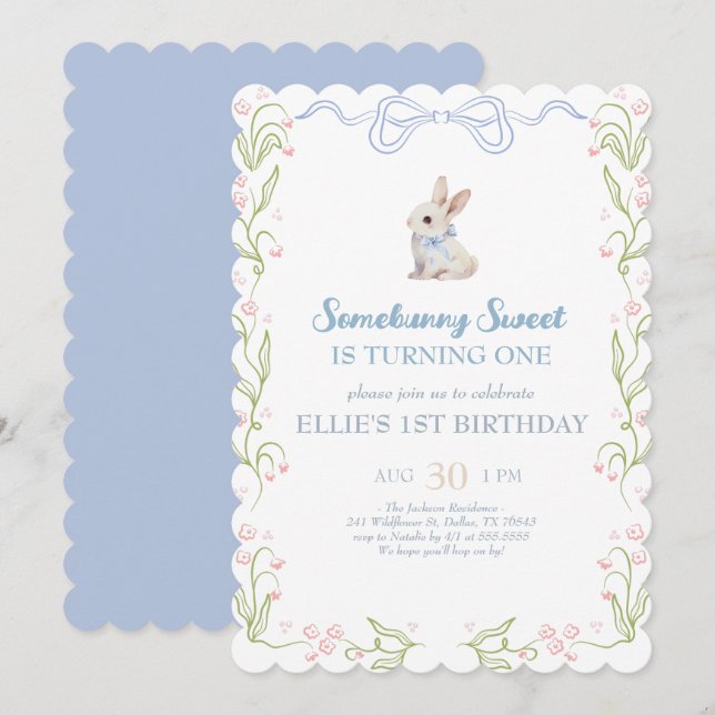 Invitation Somebunny Sweet Bunny 1st Birthday Spring Floral I (Devant / Derrière)