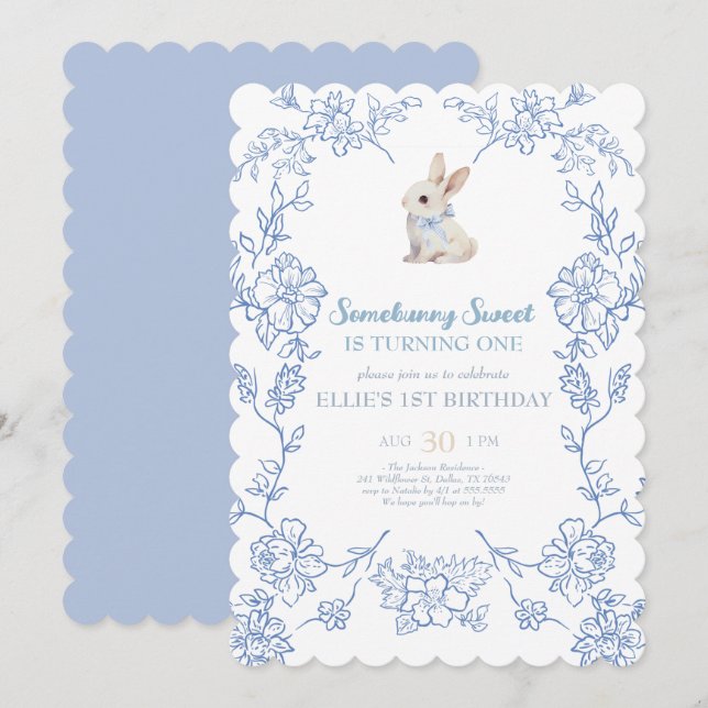 Invitation Somebunny Sweet Bunny 1st Birthday Spring Floral I (Devant / Derrière)