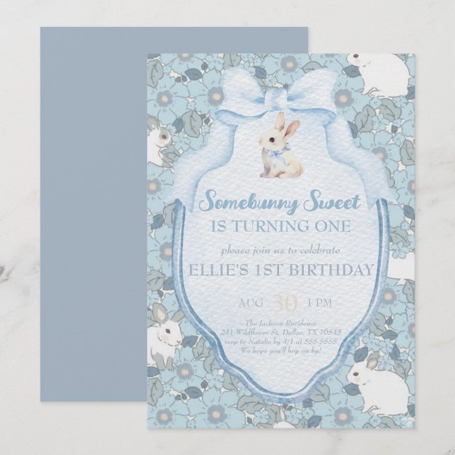 Invitation Somebunny Sweet Bunny 1st Birthday Spring Floral I (Devant / Derrière)
