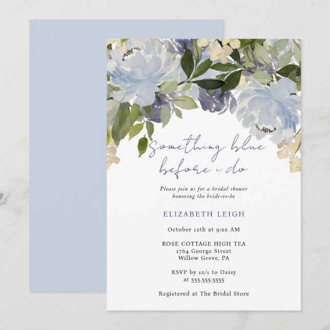 Invitation Something Blue Before I Do Floral Baby Shower (Devant / Derrière)
