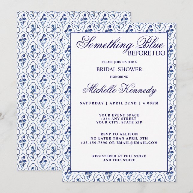 Invitation Something Blue Before I Do Floral Bridal Shower  (Devant / Derrière)