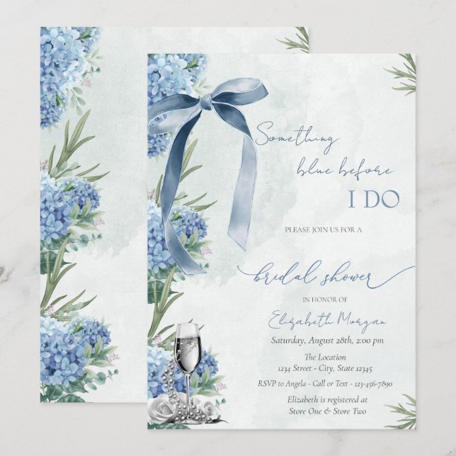 Invitation  Something Blue Bow Glass Pearls Hydrangea (Devant / Derrière)