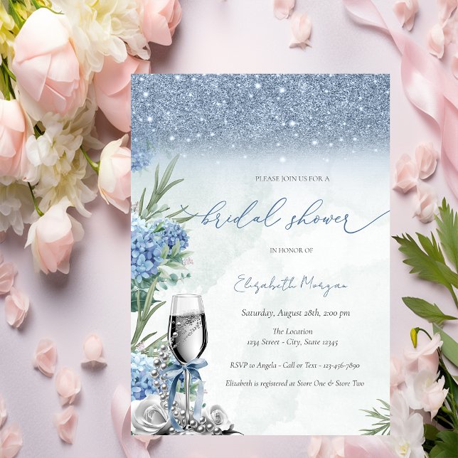 Invitation Something Blue Bow Glitter Champagne Hydrangea (Créateur téléchargé)