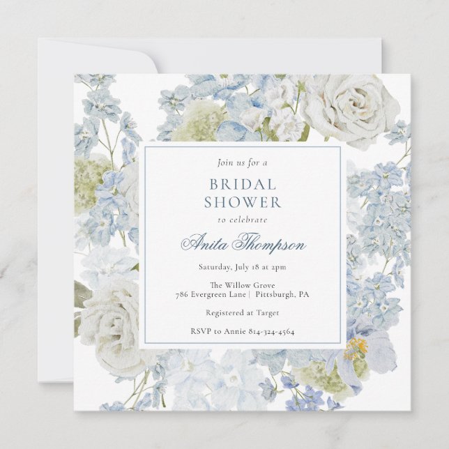 Invitation Something Blue Floral Ribbon Bridal Shower (Devant)