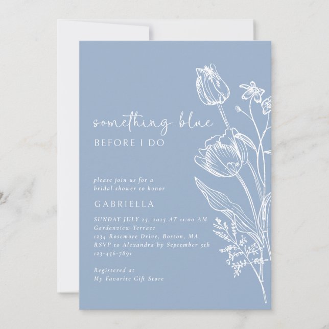 Invitation Something Blue Line Art Floral Bridal Shower (Devant)