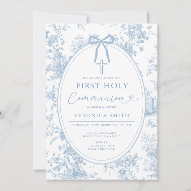 Invitation Something Blue Vintage Toile First Holy Communion (Devant)
