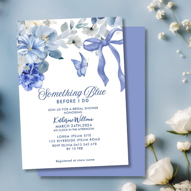 Invitation Something Blue White Floral Bow Bridal Shower (Créateur téléchargé)