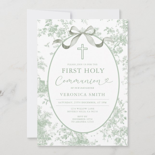 Invitation Something Green Vintage Toile First Holy Communion (Devant)