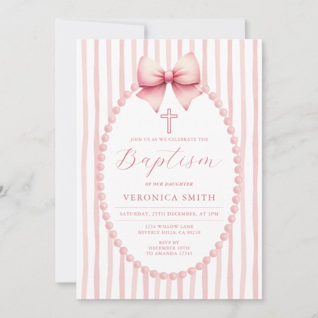 Invitation Something Pink Bow coquette Pearl Baptism Cross (Devant)
