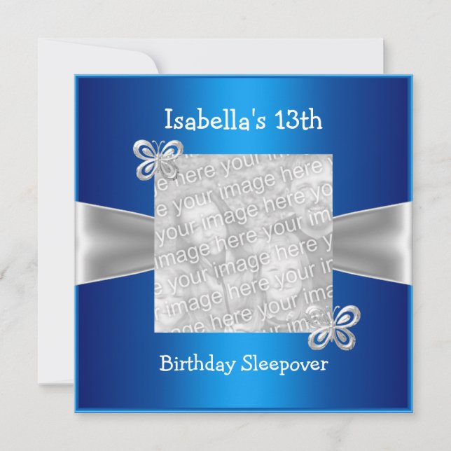Invitation Sommeil de 13 ans Fleur de papillon Photo Bleu (Devant)