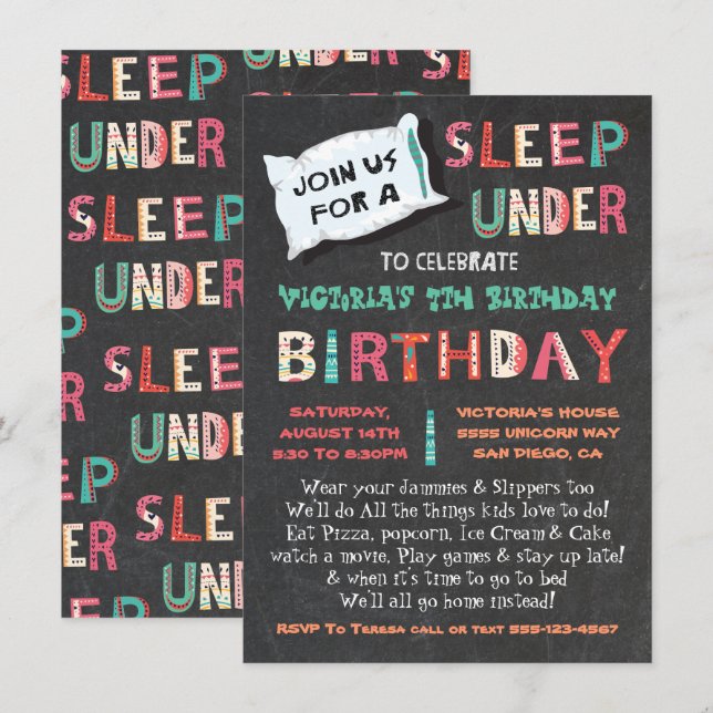 Invitation Sommeil sous fête d'anniversaire (Devant / Derrière)