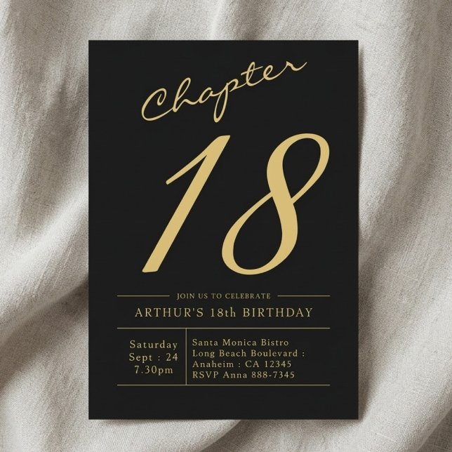 Invitation Son 18e anniversaire 18 ans fête noir or (18th birthday invite, black and gold against a light cloth background.)