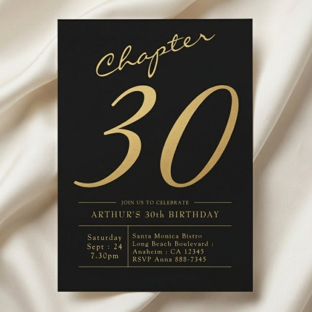 Invitation Son 30e Anniversaire 30 Ans Fête Noir Or (30th birthday invite on a light cloth background.)