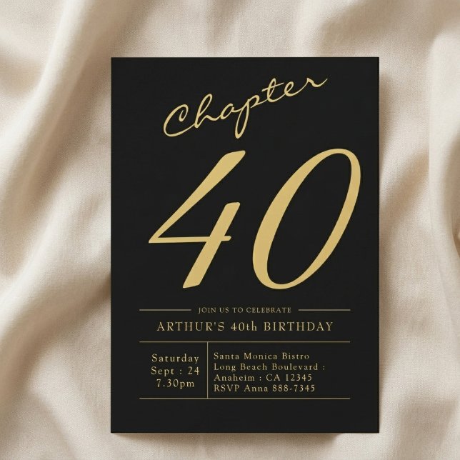 Invitation Son 40e anniversaire 40 ans fête noir or (40th birthday invite on a light cloth background.)