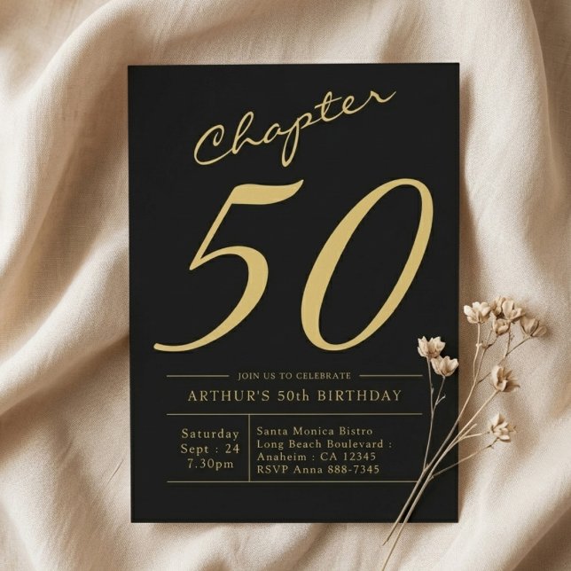Invitation Son 50e Anniversaire 50 Ans Fête Noir Or (Black and gold invite on a light cloth.)