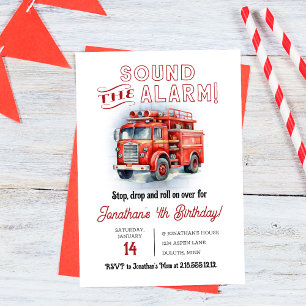 Invitation Son Alarme Retro Rouge Camion de Pompiers Annivers