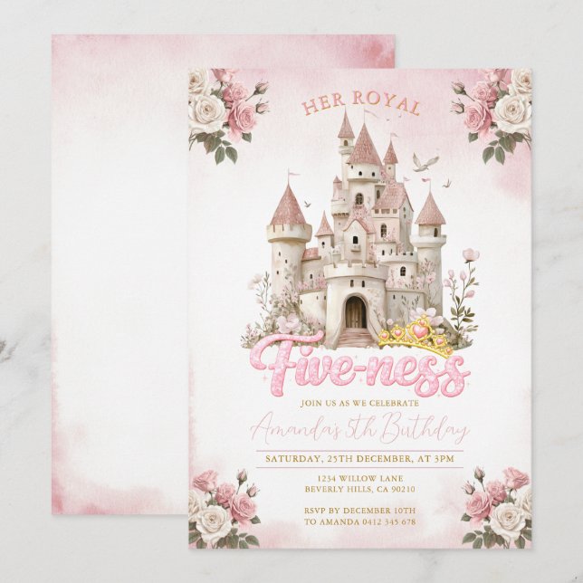 Invitation Son Altesse Royale Princesse Anniversaire Rose (Devant / Derrière)