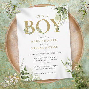 Invitation Son Baby shower A Boy Greenery Foliage Gold Letter
