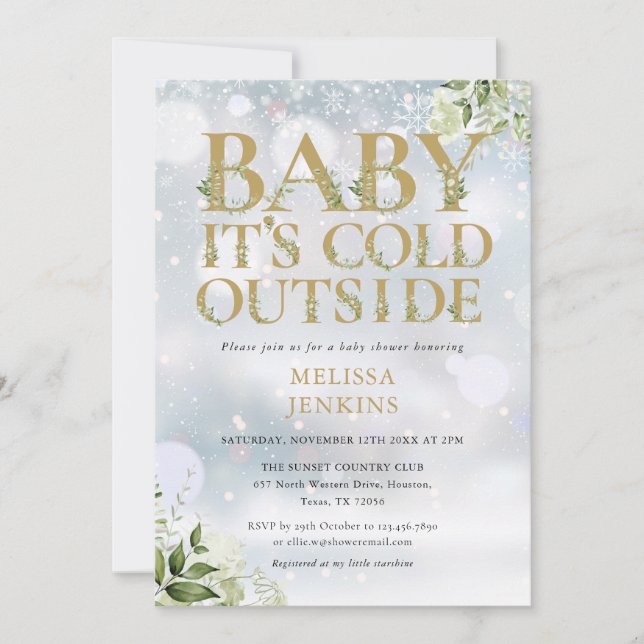Invitation Son Baby shower d'or d'hiver de verdure froide (Devant)