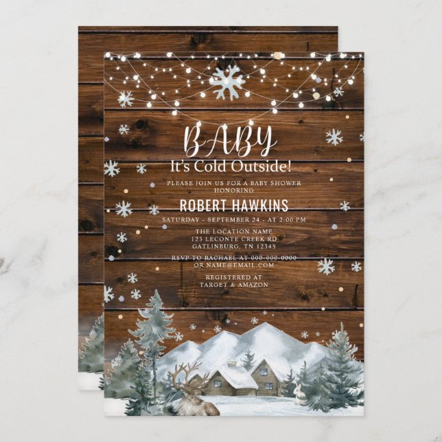 Invitation Son Baby shower Froid Hiver En Bois Rustique (Devant / Derrière)