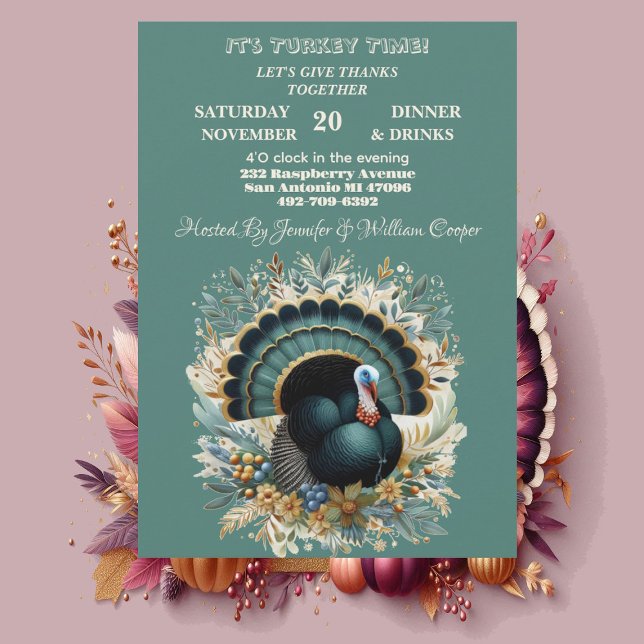 Invitation Son heure Turquie Thanksgiving Floral vert automne (Its Turkey Time Thanksgiving Floral Green Autumn Invitation)