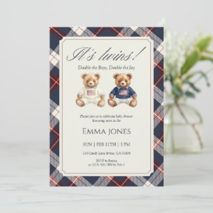 Invitation Son Jumeaux Ourson à Double Carreaux Baby Shower