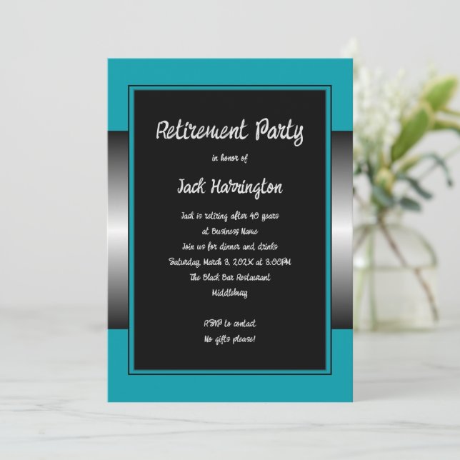 Invitation Son parti de retraite Black Turquoise Modern (Debout devant)