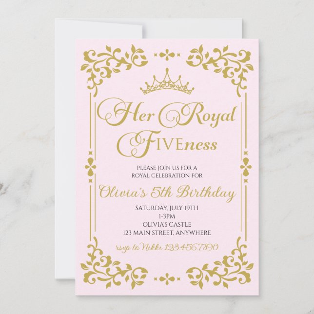 Invitation Son Royal Fiveness Princesse Or 5 ans (Devant)