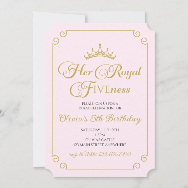 Invitation Son Royal Fiveness Princesse Or 5 ans (Devant)