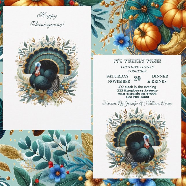Invitation Son temps Turquie Thanksgiving Flora Green Botanic (Its Turkey Time Thanksgiving Flora Green Botanical Invitation)