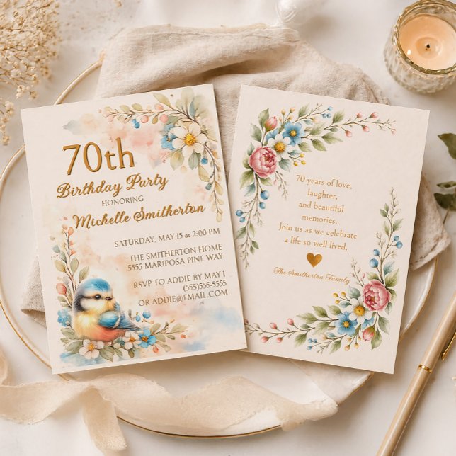 Invitation Songbird Spring Aquarelle Florale 70e Anniversaire (Songbird and spring flowers 70th birthday invitation)