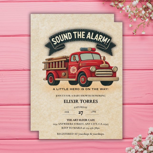 Invitation Sonne l'alarme ! Baby shower vintage pour camions  (Créateur téléchargé)