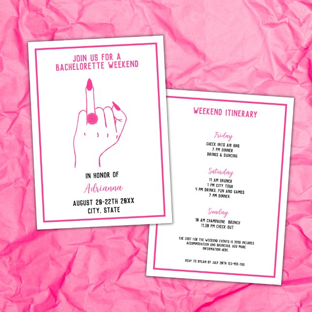 Invitation Sonnerie Doigt Gras Rose Bachelorette Filles Week- (ring finger bachelorette party invitation bold pink weekend itinerary modern fun)