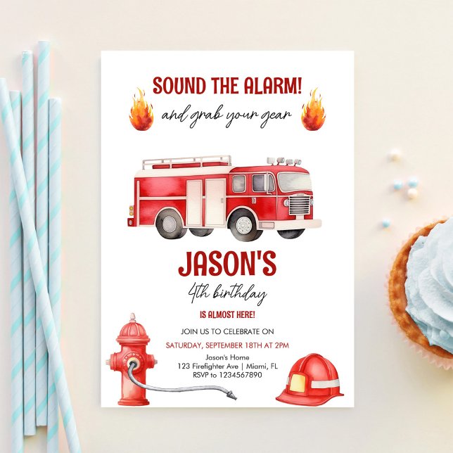 Invitation Sonnez l'alarme Camion de pompiers Garçons 4e anni (Créateur téléchargé)