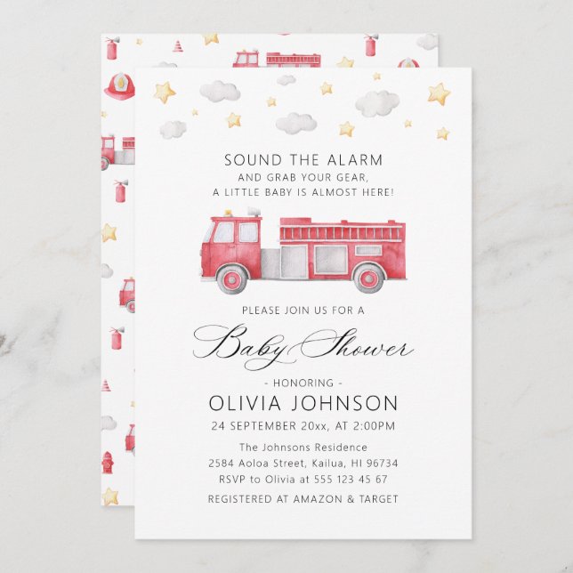 Invitation Sonnez le Baby shower de pompier du camion d'alarm (Devant / Derrière)
